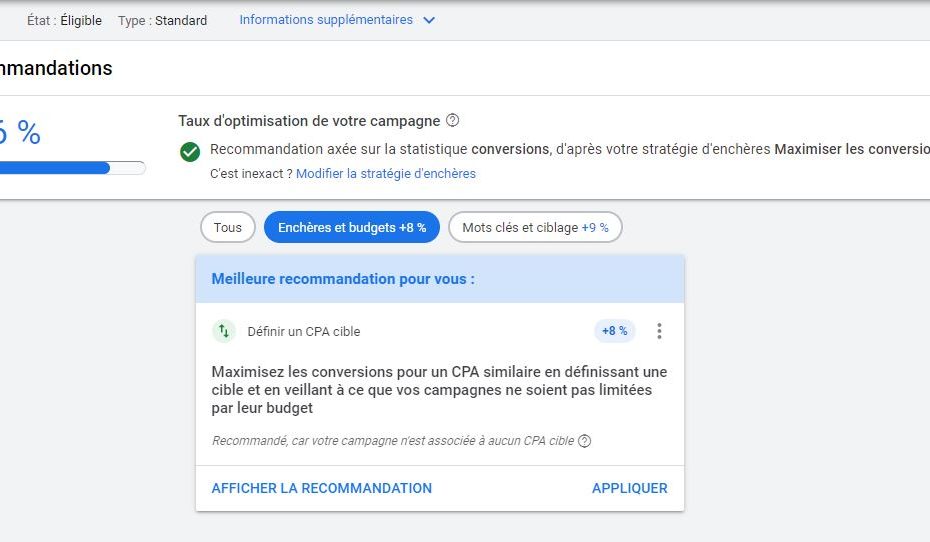 Recommandation Google Ads