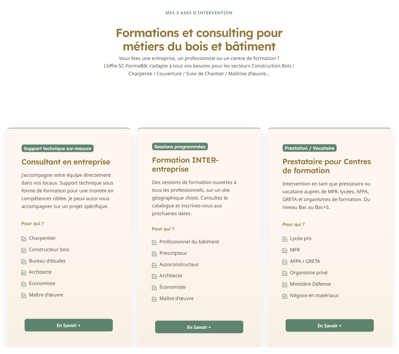 Les trois offres de SC-FormaBât avec leurs publics cibles et appels à l'action