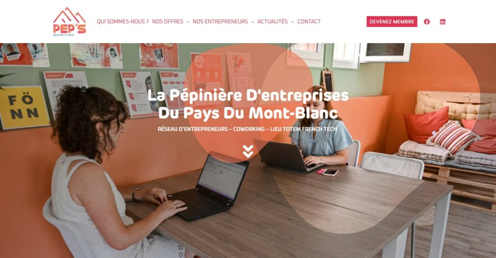 Page d'accueil du site de PEP'S Mont Blanc, pépinière d'entreprises et coworking à Passy